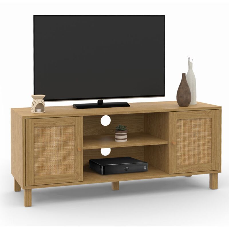 Meuble tv 115 cm vintage hanae 2 portes effet naturel cannage