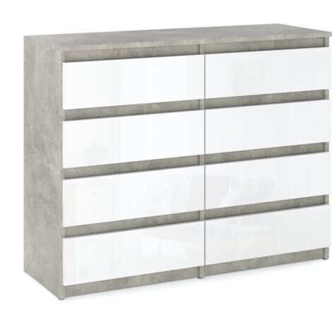 Meuble TV 120 cm – Béton blanc brillant – 8 tiroirs spacieux – Largeur 120 cm – Hauteur 92,5 cm – Panneau laminé