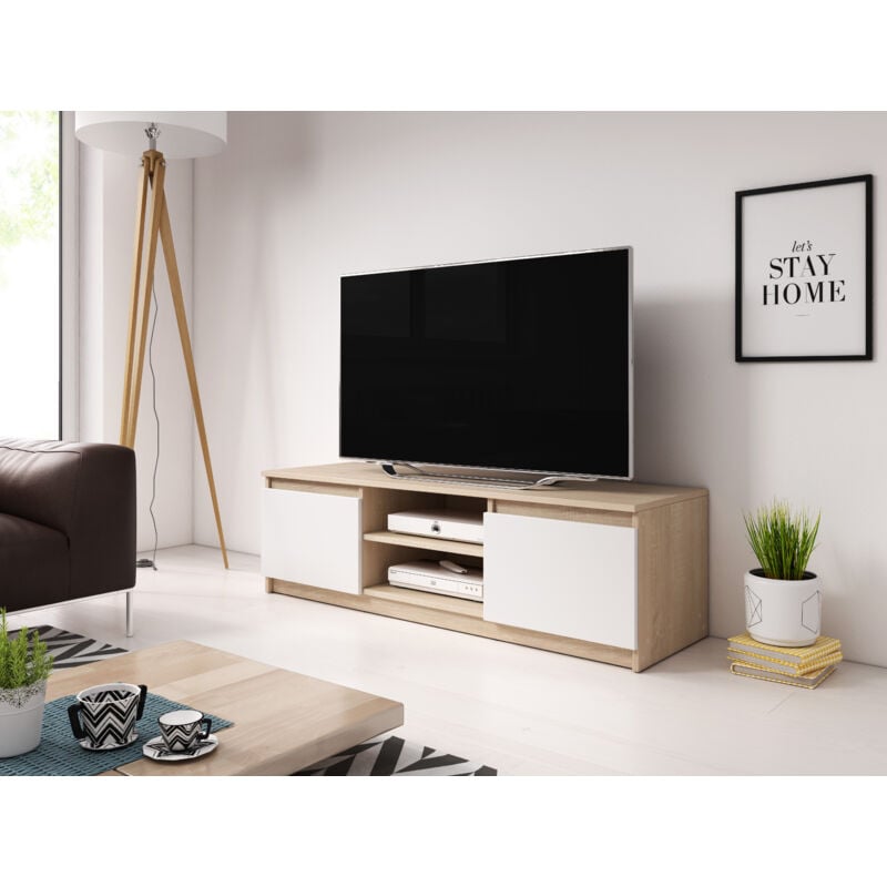 Meuble TV DINGO 120 cm, meuble TV, éclairage LED inclus, couleur sonoma/blanc brillant