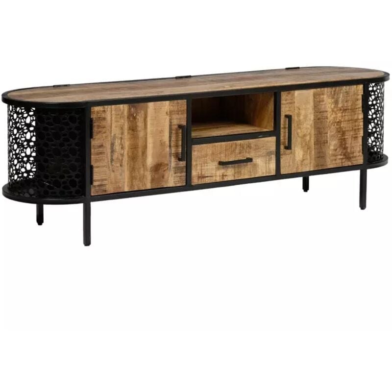 Meuble TV 160 cm en bois de manguier massif et métal ajouré – MANHO