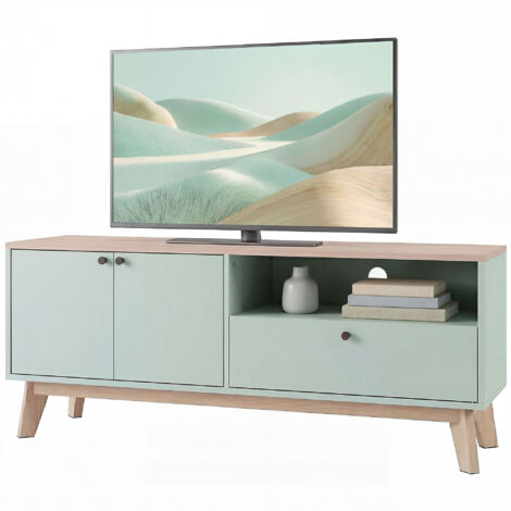 Meuble TV 120 cm, meuble pour téléviseur jusqu'à 36 pouces avec 2 portes, tiroir et compartiment ouvert, vert clair