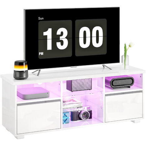 Meuble TV 120 cm, meuble télé pour téléviseur jusqu'à 55 pouces éclairage LED et télécommande étagères en verre blanc