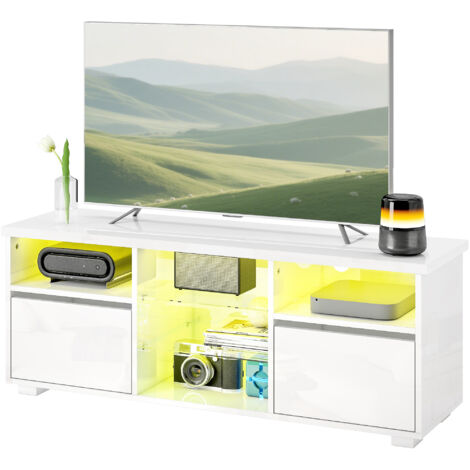 Meuble TV 120 cm, support télé pour écran jusqu'à 55" avec LED et télécommande, étagères en verre blanc