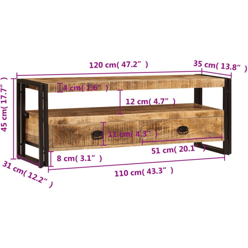 Meuble TV Table de Salon Table Basse avec Deux tiroirs Bois Solide de Sesham pour Bureau TV 120x35x45 cm