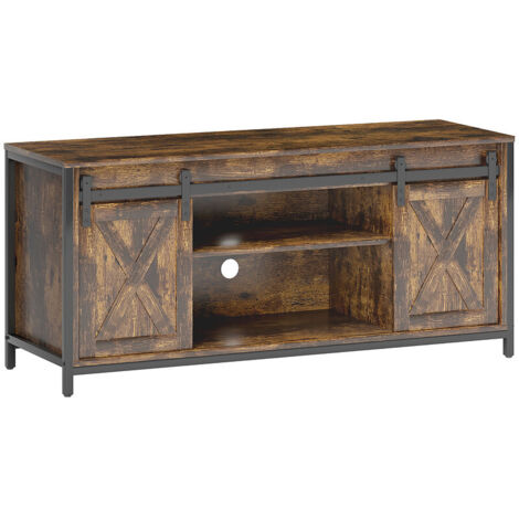 Meuble TV 120x40x54 cm – Compatible téléviseur 60 pouces, design bas avec 2 portes et 2 étagères ouvertes, couleur brun pour salon