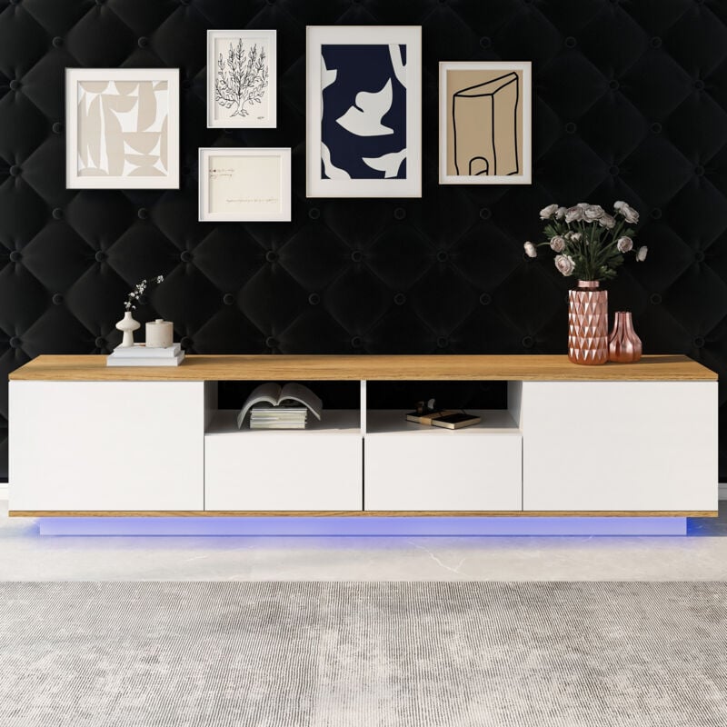 Meuble tv 120x40x60 cm avec 2 portes et bande led jusqu'à 80 pouces, 50 kg, blanc