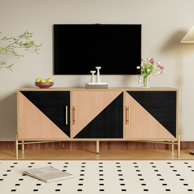 Eifson - Meuble tv 123 cm, avec trois portes d'armoire, cloisons internes réglables, grain de bois marron et noir, poignées et pieds dorés, adapté au