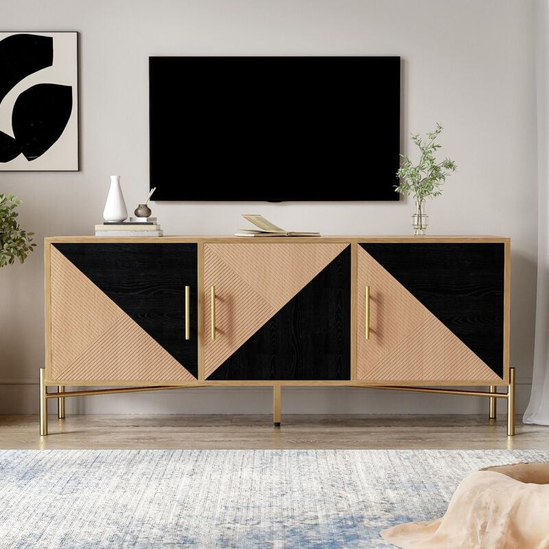 Tanant - Meuble tv 123CM - 3 portes de rangement, étagères réglables avec poignées et pieds dorés, aspect bois, charnière de sécurité, rangements,