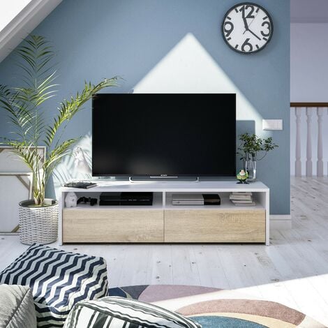 Meuble Tv 130 cm avec deux portes en chêne canadien et en blanc mat  Couleur