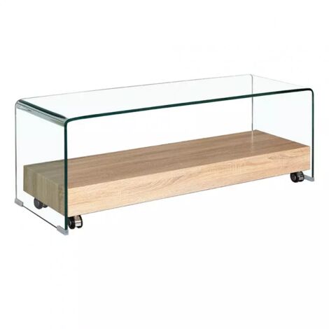 Meuble TV 130 cm en verre trempé sur roulettes – Plateau décor bois – Hauteur 45 cm – Charge max 40 kg – Meubletmoi