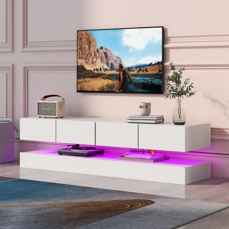 Meuble TV 130x33x15cm 4 tiroirs Éclairage LED 16 couleurs Bluetooth MDF Blanc