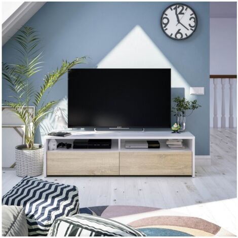 Meuble tv 130x40x36 cm blanc mat et chêne canadien avec deux portes - Verona