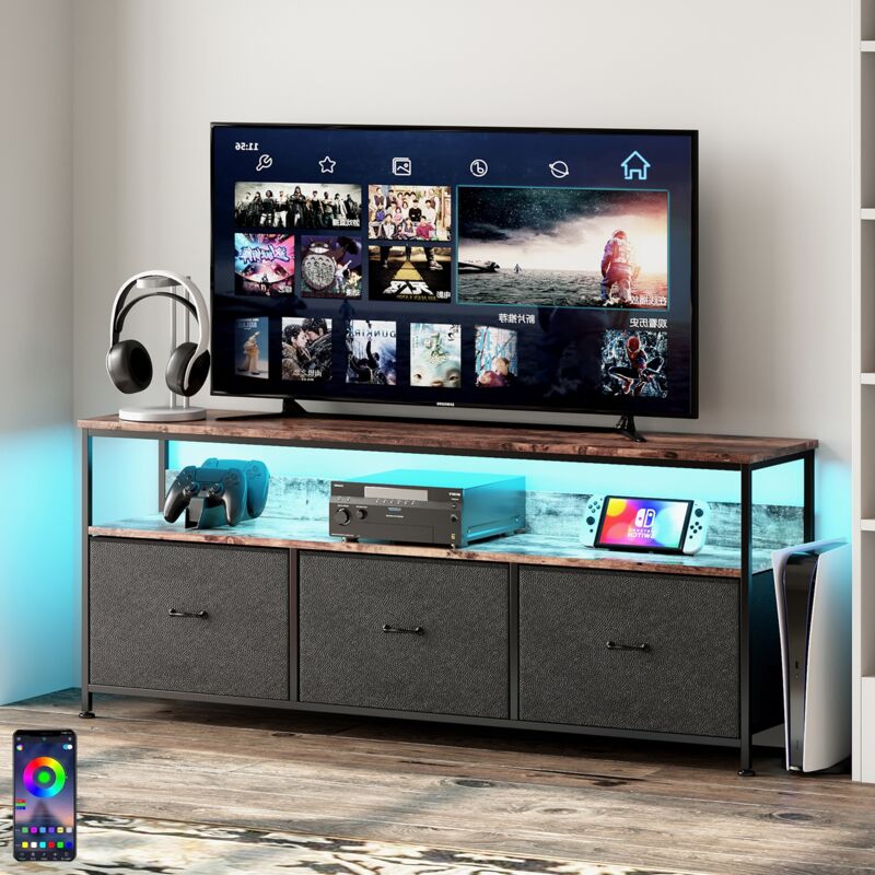 Dans Les Nuages - Meuble tv 137 cm, avec 3 tiroirs de rangement, étagères, cadre en métal, rectangulaire, industriel vintage, meuble salon en bois