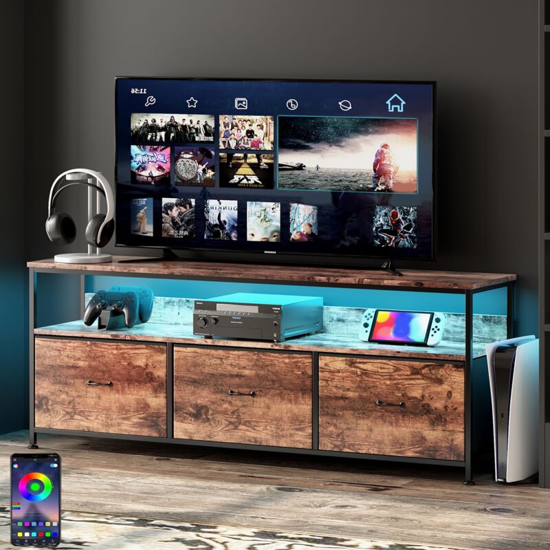 Dans Les Nuages - Meuble tv 137 cm, avec 3 tiroirs de rangement, étagères, cadre en métal, rectangulaire, industriel vintage, meuble salon en bois