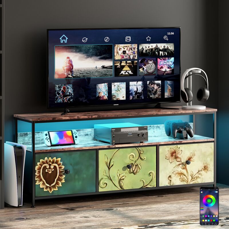 Dans Les Nuages - Meuble tv 137 cm, avec 3 tiroirs de rangement, étagères, cadre en métal, rectangulaire, industriel vintage, meuble salon en bois