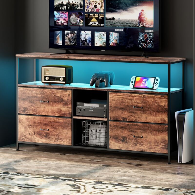 Meuble TV 137 cm, avec 4 tiroirs en peau de tigre, compartiments de rangement ouverts, éclairage LED réglable, plateau en peau de tigre, meuble tele