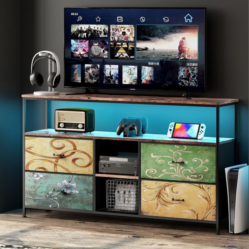 Meuble TV 137 cm, avec 4 tiroirs en peau de tigre, séparateurs de rangement ouverts, éclairage LED réglable, plateau en peau de tigre, meuble tele