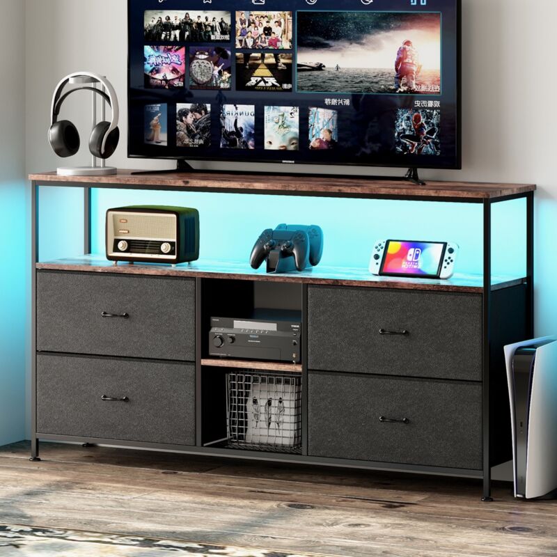 Meuble TV 108 cm avec 4 tiroirs en tissu PU noir, éclairage LED orientable, plateau en peau de tigre, cloisons ouvertes, meuble tele vintage,