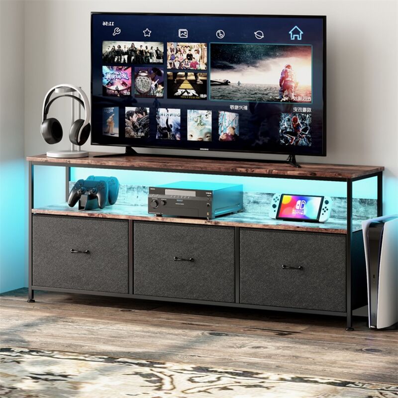 Eifson - Meuble tv 137 cm, avec 3 tiroirs en tissu pu noir, éclairage led orientable, plateau en peau de tigre, panneaux de particules, meuble tele