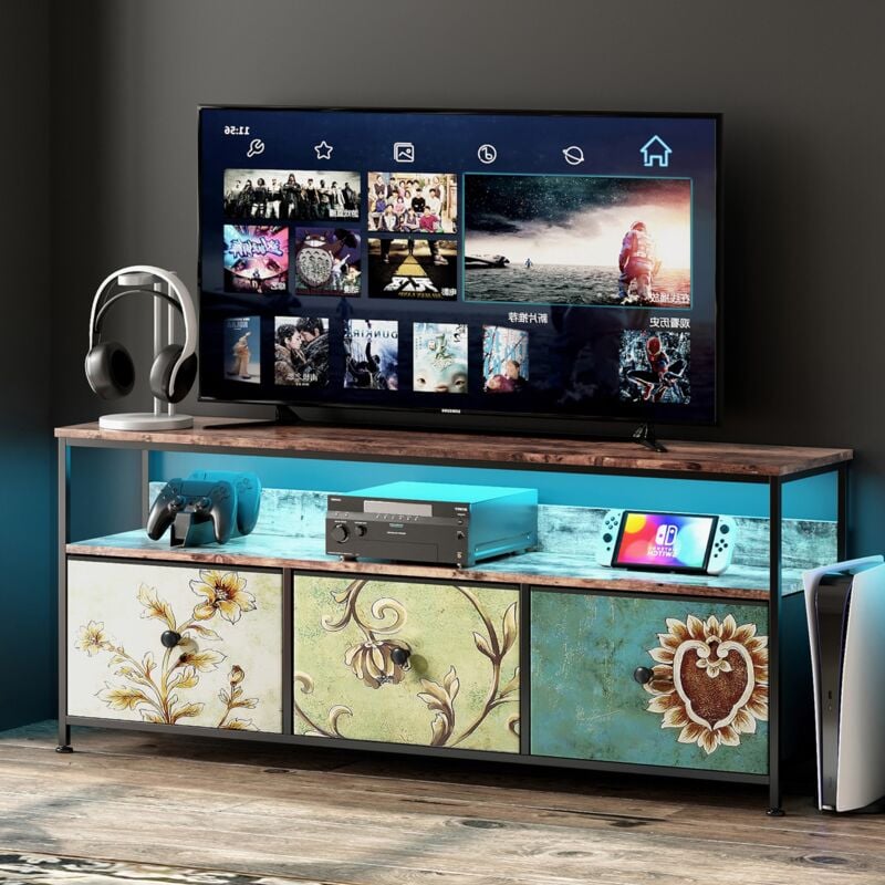 Eifson - Meuble tv 108 cm, avec trois tiroirs en chintz coloré, éclairage led réglable, plateau en peau de tigre, aggloméré, meuble tele vintage,