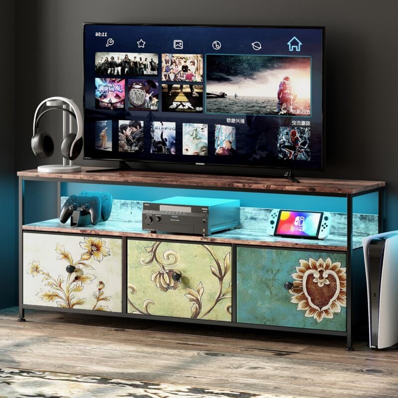 Eifson - Meuble tv 137 cm, avec 3 tiroirs en chintz coloré, éclairage led réglable, plateau en peau de tigre, aggloméré, meuble tele vintage,