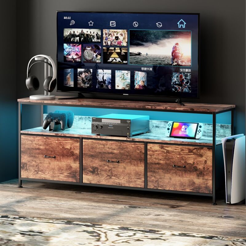 Eifson – Meuble TV vintage 137 cm – 3 tiroirs en aggloméré – Éclairage LED orientable – Plateau en peau de tigre – Dimensions 137x30x57 cm
