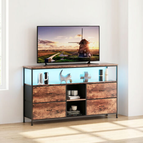 Meuble TV 137x30x78 cm, 4 tiroirs bois rustique, structure métallique, design naturel