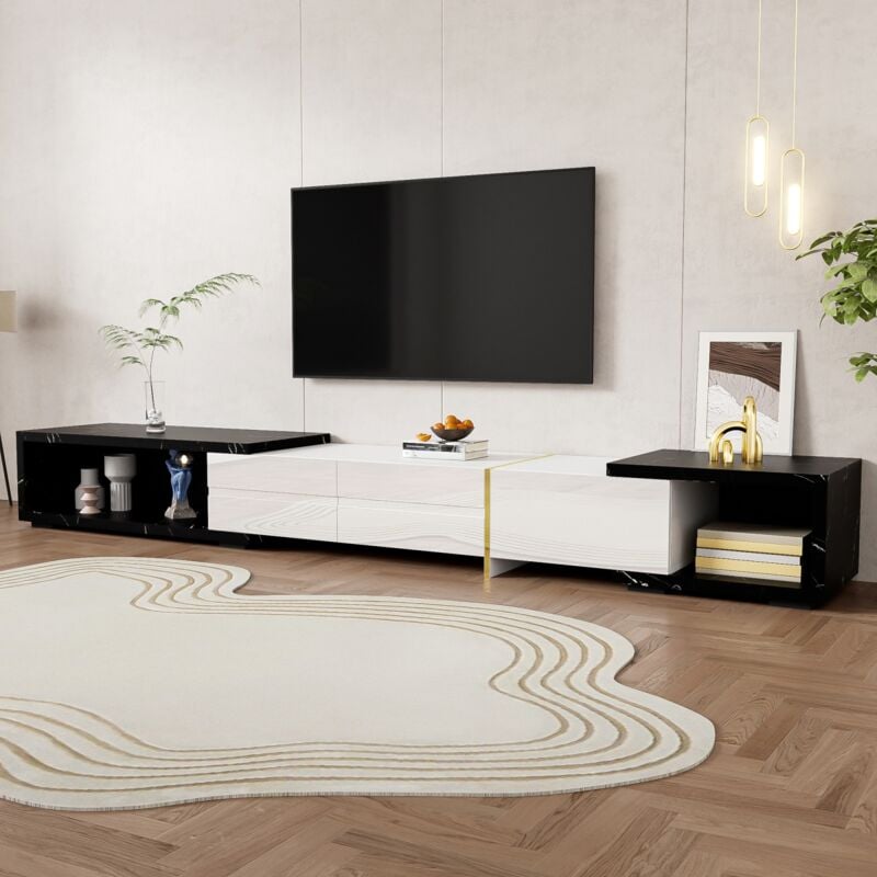 Meuble TV 140-260 cm, aspect marbre blanc, pivotant, cloisons ouvertes, MDF, finition noir brillant, décoration dorée, meuble tele, pour salon et