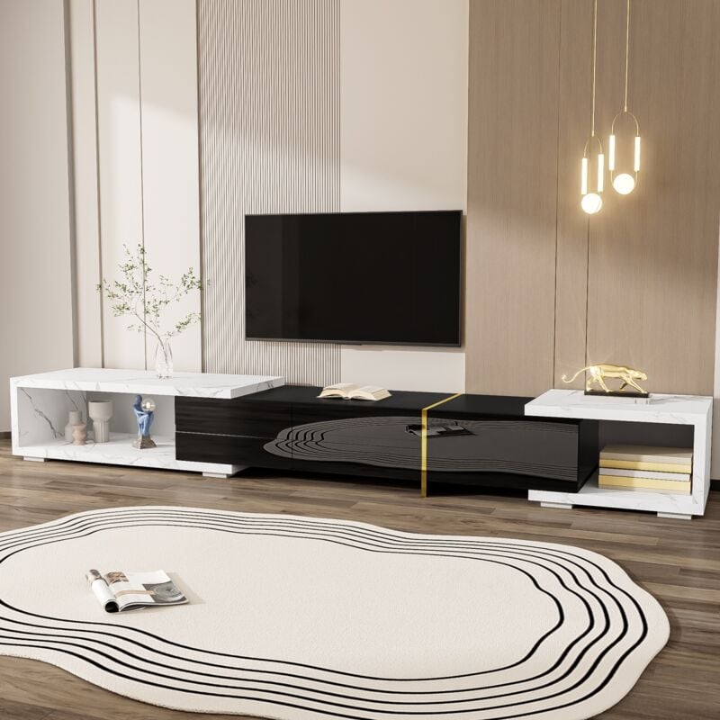 Eifson - Meuble tv 140-260 cm, aspect marbre blanc, pivotant, cloisons ouvertes, mdf, finition noir brillant, décoration dorée, meuble tele, pour