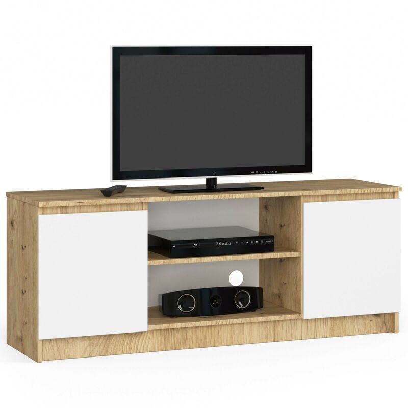 Akord - Meuble tv pour salon Chêne Artisan 140 cm 2 portes façade Blanche 2 étagères 140x40x55 cm
