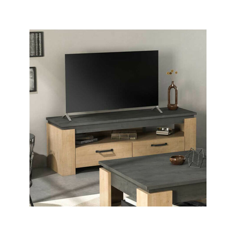 TMM - Meuble tv 140 cm Chêne/Béton ciré - stinau - l 140 x l 42 x h 47 cm