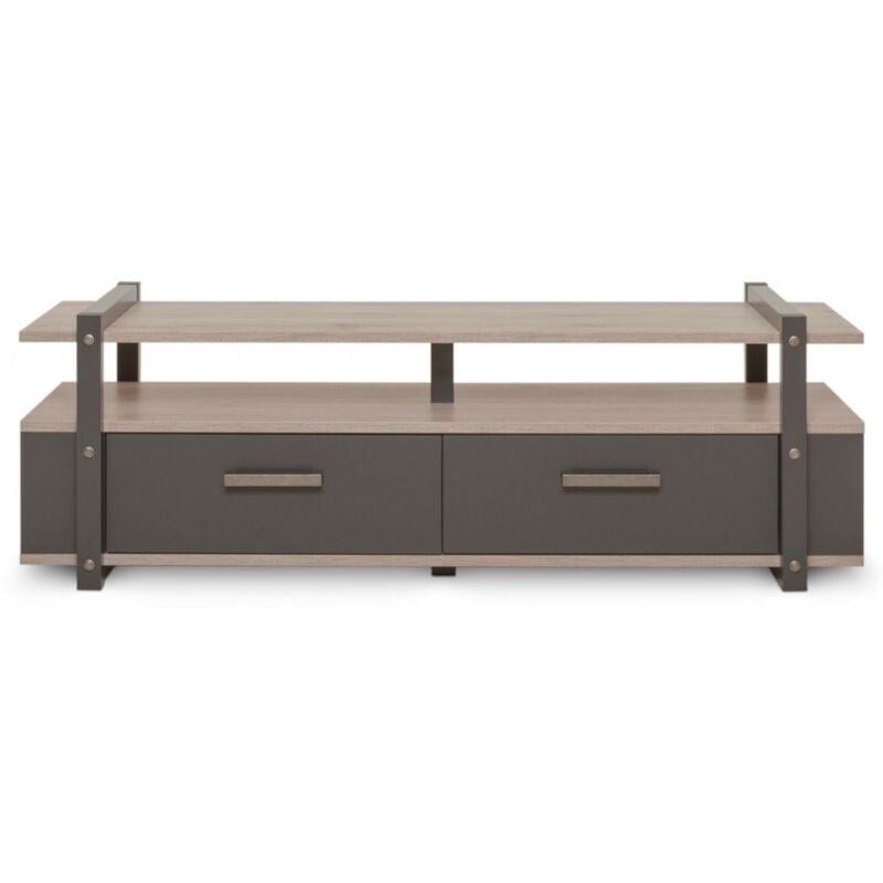 Meuble tv 140x45x45 cm chêne clair et gris anthracite avec deux tiroirs - Piombino
