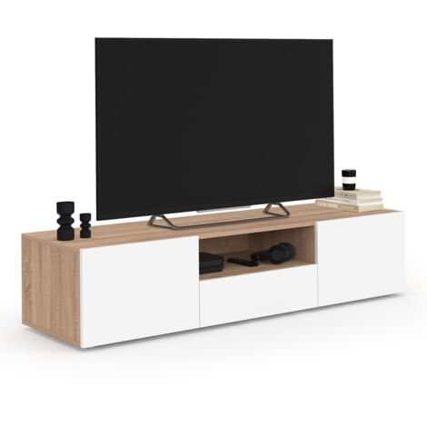 Meuble TV 140 Cm ACHILLE IDMarket - Blanc Et Plateau Bois, 3 Tiroirs, Niche Pour Appareils