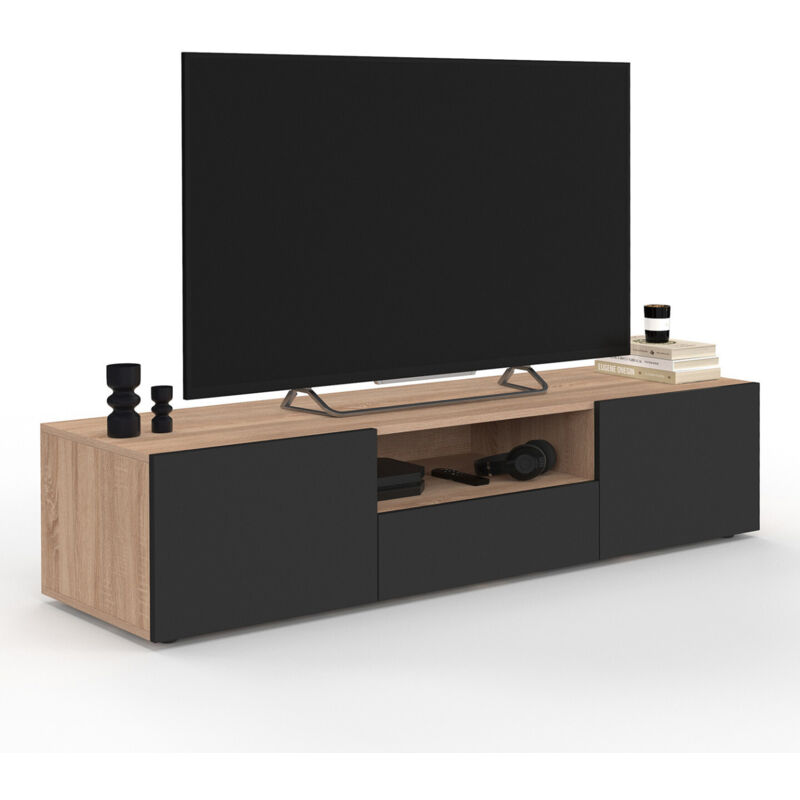Idmarket - Meuble tv 140 cm eli bois façon hêtre portes noires