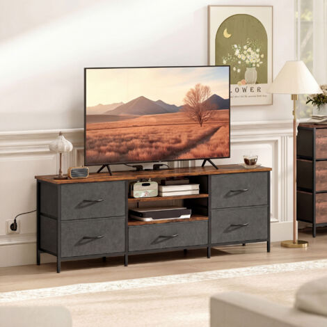 Meuble TV 140 cm. meuble télé 65 pouces. station de charge. 5 tiroirs en tissu. étagères ouvertes. 140x30x50cm. marron