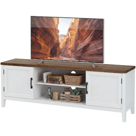 Meuble TV 140 cm, meuble télé pour téléviseur jusqu'à 42 pouces avec 2 portes, 2 compartiments ouverts, blanc et marron