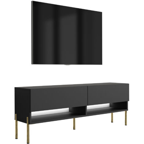 Meuble TV 140 cm Noir Mat, pieds droits dorés, LED blanche, 140 × 32 × 52 cm