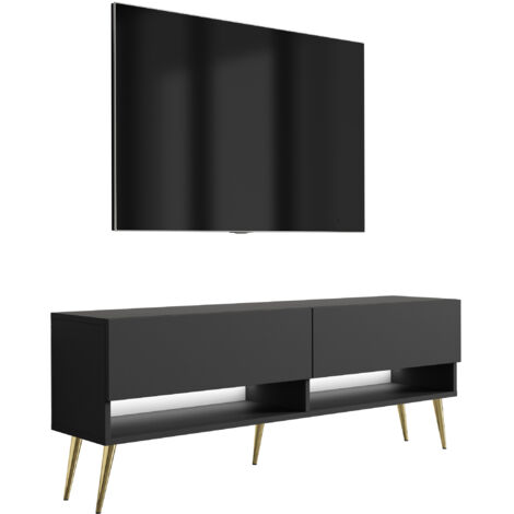 Meuble TV 140 cm Noir Mat, pieds obliques dorés, LED blanche, 140 × 32 × 52 cm