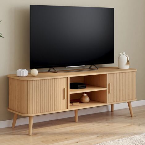 Meuble TV 140 cm ROMIE 2 portes coulissantes lattes tasseau bois coloris chêne
