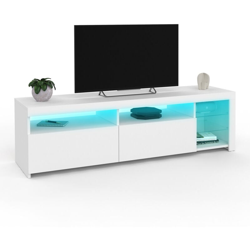 Meuble tv 140 cm solveig placards et étagères en verre avec led blanc laqué