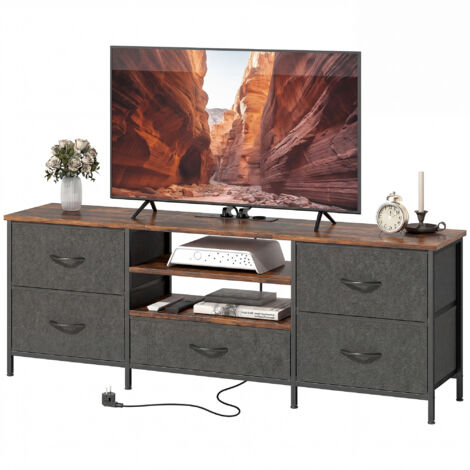 Meuble TV 140 cm, support téléviseur 65 pouces avec station de charge, 5 tiroirs en tissu, étagères ouvertes, 140x30x50 cm, marron
