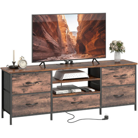 Meuble TV 140 cm, support TV 65 pouces, station de charge, 5 tiroirs en tissu, étagères ouvertes, 140 x 30 x 50 cm, marron