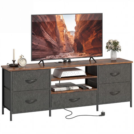 Meuble TV 140 cm, support TV 65 pouces, station de charge, 5 tiroirs en tissu, étagères ouvertes, 140 x 30 x 50 cm, marron