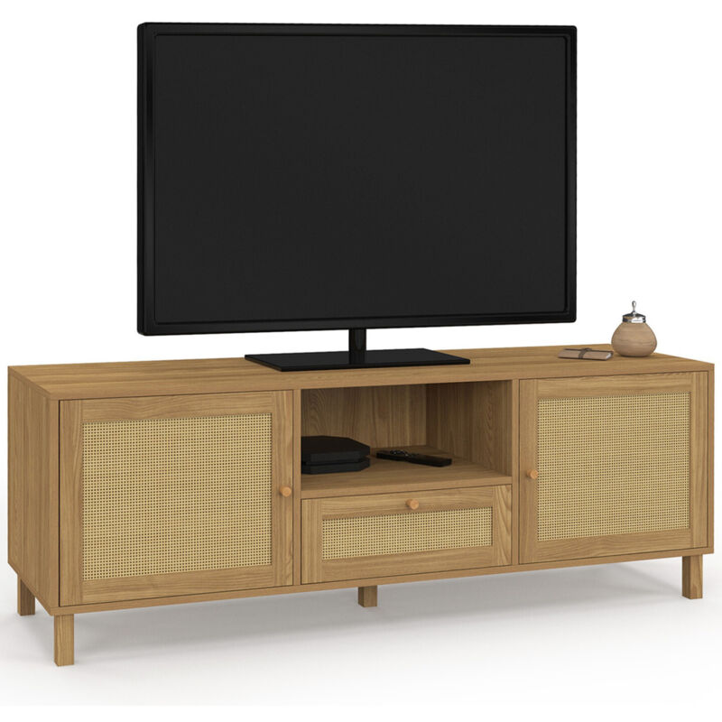 Meuble TV 140 cm vintage HANAE 3 portes effet naturel cannage