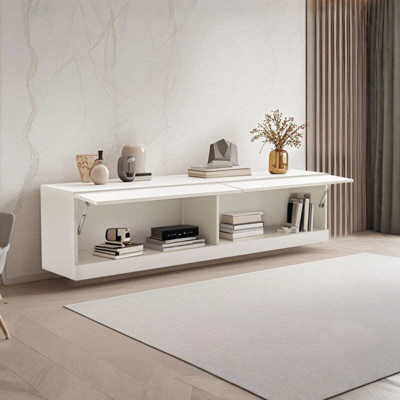 Hauss Spole - Meuble tv 140 x 35 x 40 cm, avec deux compartiments de rangement, led 7 couleurs, meuble tele de salon, meuble bas blanc