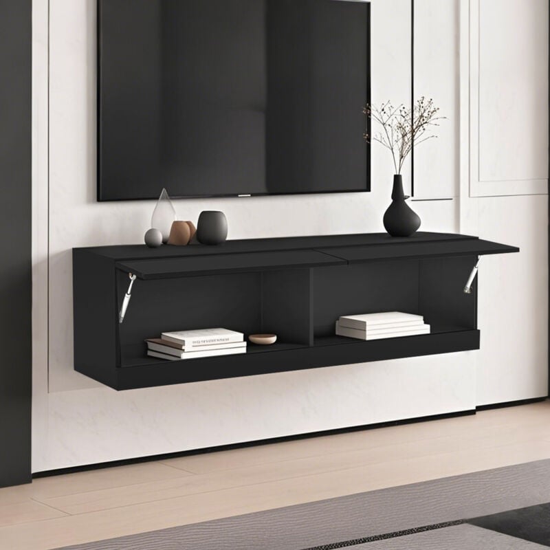 Hauss Spole - Meuble tv 140 x 35 x 40 cm, avec deux compartiments de rangement, led 7 couleurs, meuble tele de salon, meuble bas noir