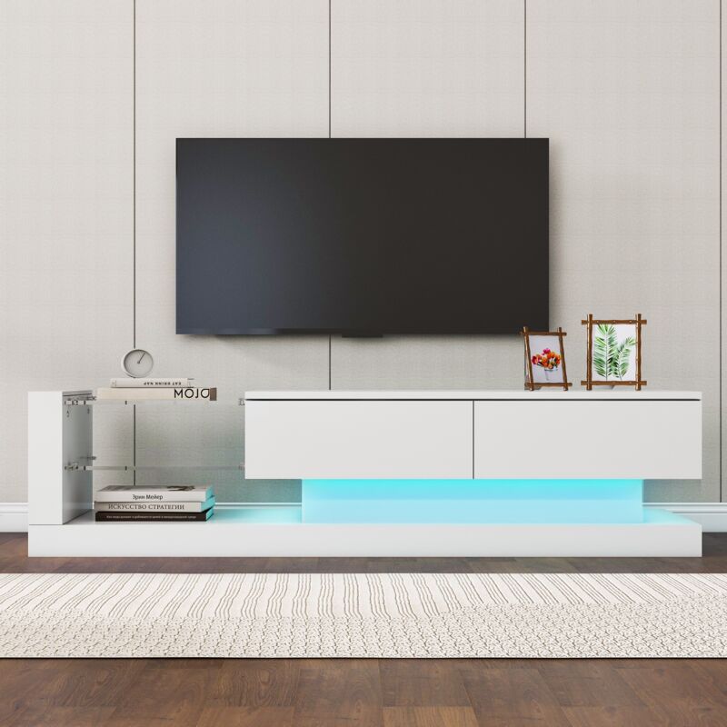 Dans Les Nuages - Meuble tv 140 cm, avec éclairage led, 2 portes de rangement, étagères en verre, laqué, rectangulaire, meuble salon en bois - Blanc