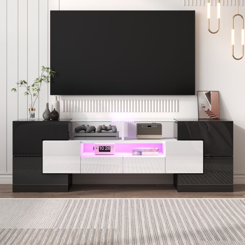 Meuble tv 145 cm, avec éclairage led, 2 tiroirs, 4 portes, cloisons ouvertes, surface vitrée, finition brillante, meuble tele lowboard pour salon et