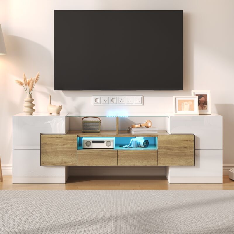 Dans Les Nuages - Meuble tv 145 cm, avec led, 4 portes, 2 tiroirs de rangement, étagère en verre, haute brillance, moderne, Meuble de salon en bois