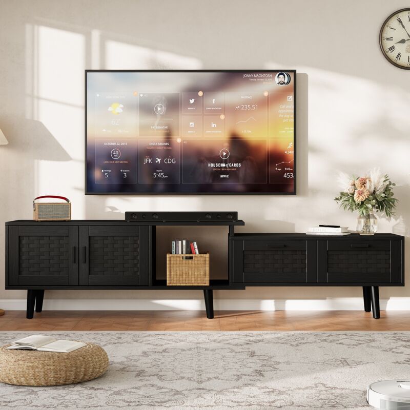 Meuble TV 146-180 cm, avec 2 portes et 2 tiroirs, Design tressé, Capacité de charge 30 kg, Panneaux de particules, Compatible avec téléviseur 75